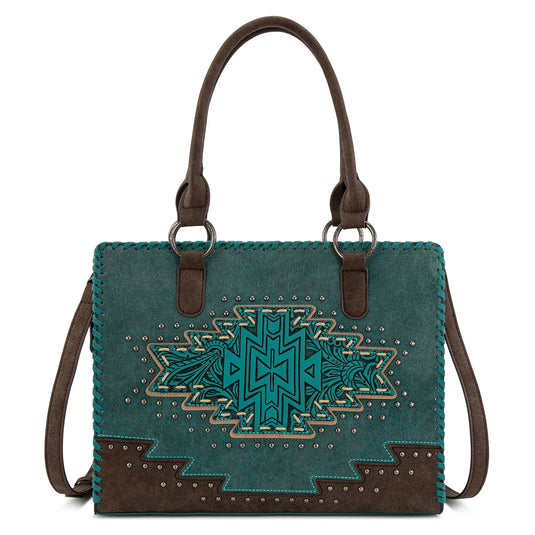 MW1354G-8355TQ - Montana West Tooled Aztec Concealed Carry Tote/Crossbody - Turquoise