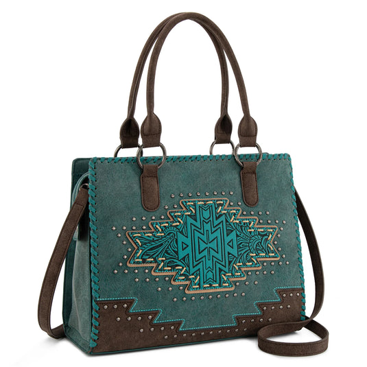 MW1354G-8355TQ - Montana West Tooled Aztec Concealed Carry Tote/Crossbody - Turquoise