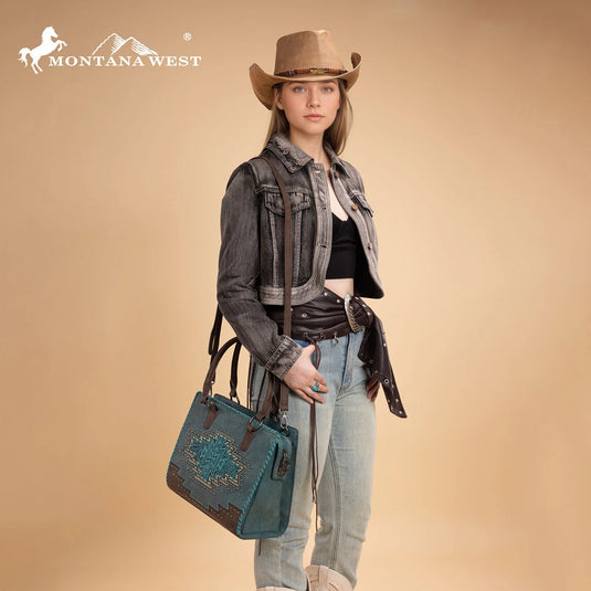 MW1354G-8355TQ - Montana West Tooled Aztec Concealed Carry Tote/Crossbody - Turquoise