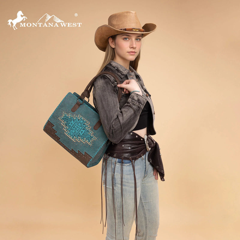 Load image into Gallery viewer, MW1354G-8355TQ - Montana West Tooled Aztec Concealed Carry Tote/Crossbody - Turquoise
