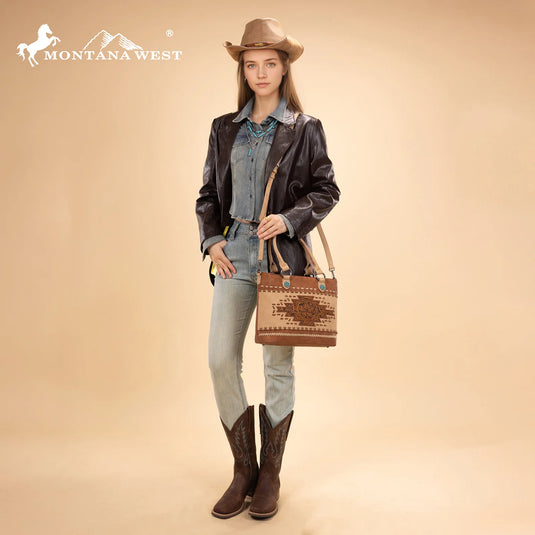 MW1356-8260BR - Montana West Brown Western Tooled Aztec Concealed Carry Tote/Crossbody