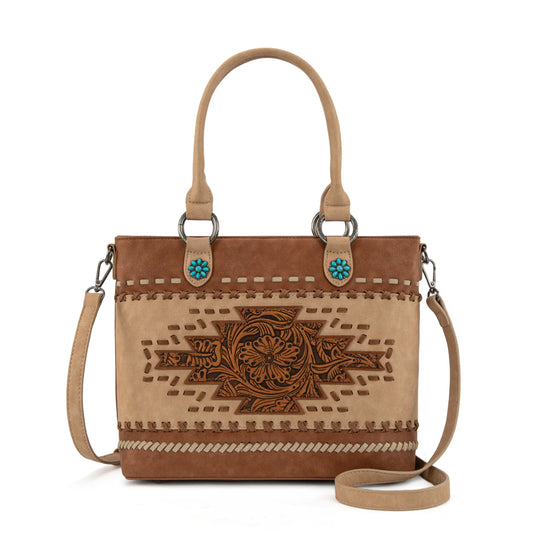 MW1356-8260BR - Montana West Brown Western Tooled Aztec Concealed Carry Tote/Crossbody