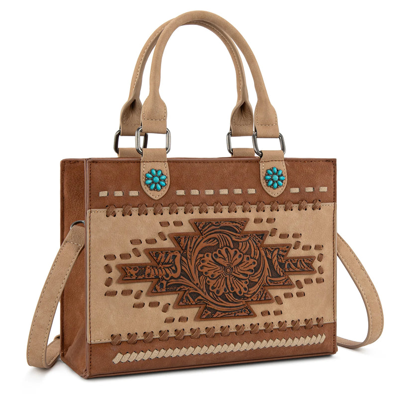 Load image into Gallery viewer, MW1356-8322BR - Montana West Brown Western Tooled Aztec Tote/ Crossbody
