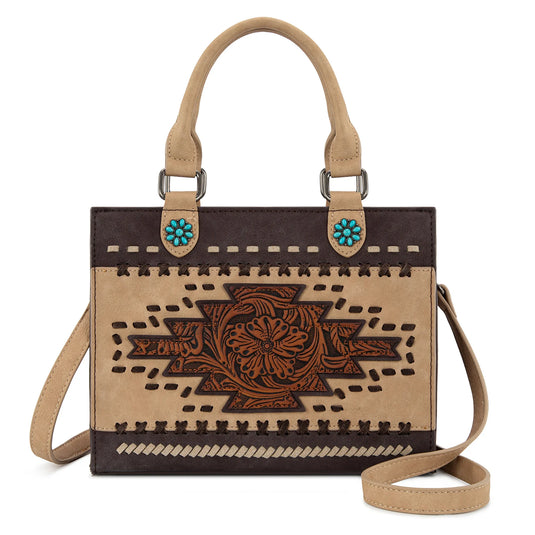 MW1356-8322CF - Montana West Coffee Western Tooled Aztec Tote/ Crossbody