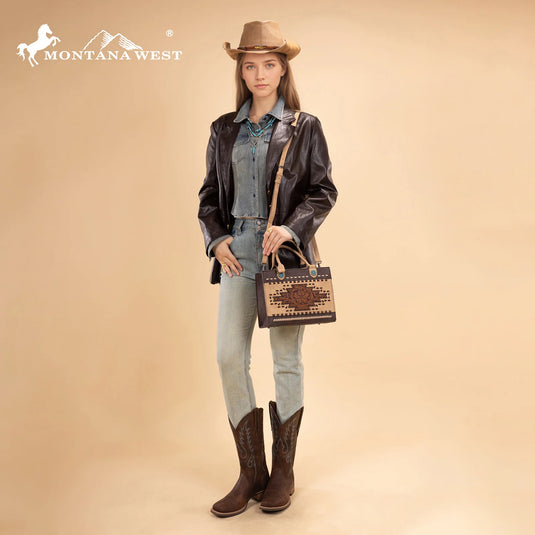 MW1356-8322CF - Montana West Coffee Western Tooled Aztec Tote/ Crossbody