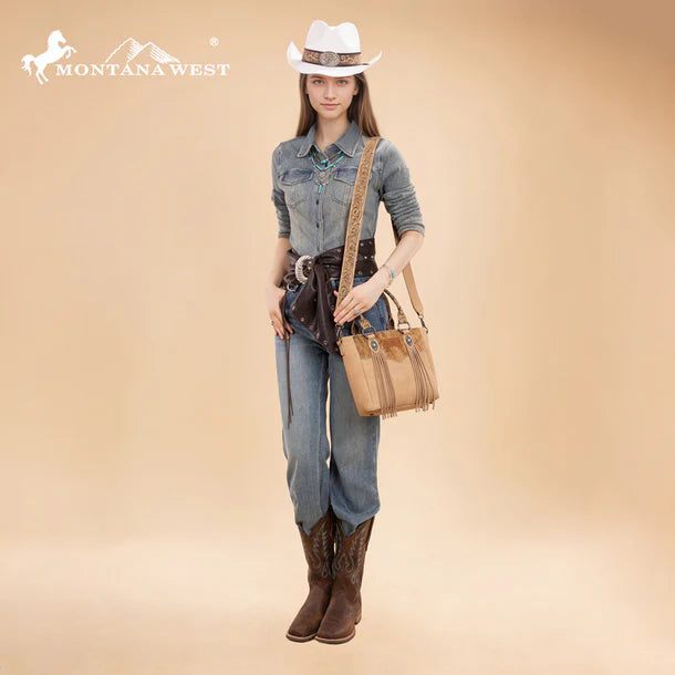 Load image into Gallery viewer, MW1358G-8120BG - Montana West Hair-On Hide Concealed Carry Tote Bag with Tooled Strap
