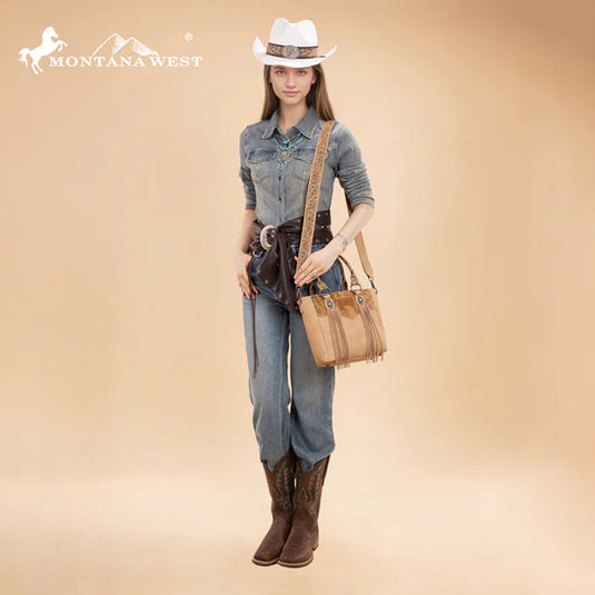 MW1358G-8120BG - Montana West Hair-On Hide Concealed Carry Tote Bag with Tooled Strap