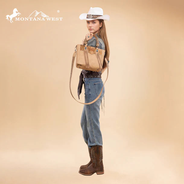Load image into Gallery viewer, MW1358G-8120BG - Montana West Hair-On Hide Concealed Carry Tote Bag with Tooled Strap
