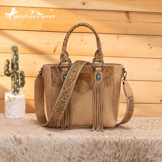 MW1358G-8120BG - Montana West Hair-On Hide Concealed Carry Tote Bag with Tooled Strap