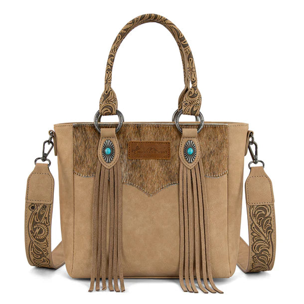 Load image into Gallery viewer, MW1358G-8120BG - Montana West Hair-On Hide Concealed Carry Tote Bag with Tooled Strap
