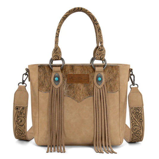 MW1358G-8120BG - Montana West Hair-On Hide Concealed Carry Tote Bag with Tooled Strap
