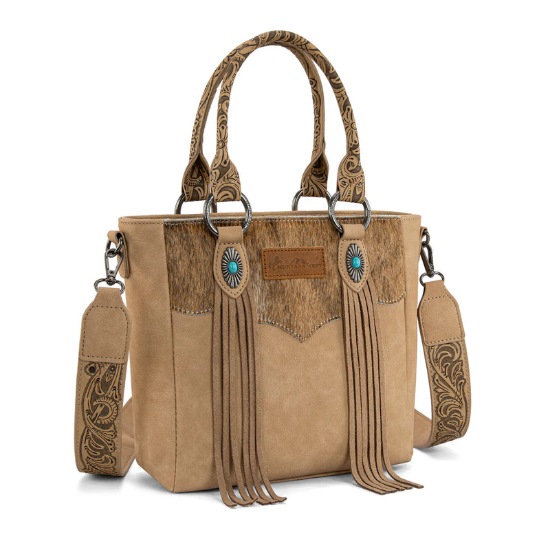 Load image into Gallery viewer, MW1358G-8120BG - Montana West Hair-On Hide Concealed Carry Tote Bag with Tooled Strap
