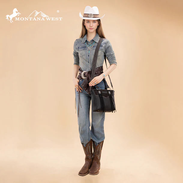 Load image into Gallery viewer, MW1358G-8120BK - Montana West Hair-On Hide Concealed Carry Tote Bag with Tooled Strap
