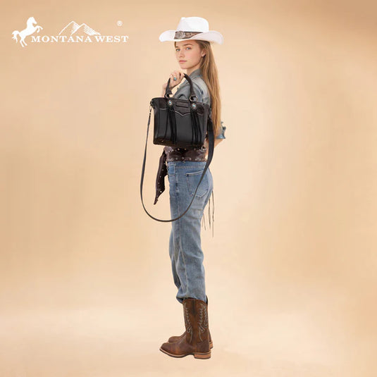 MW1358G-8120BK - Montana West Hair-On Hide Concealed Carry Tote Bag with Tooled Strap