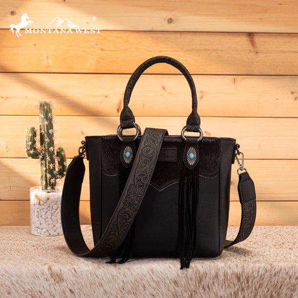 Load image into Gallery viewer, MW1358G-8120BK - Montana West Hair-On Hide Concealed Carry Tote Bag with Tooled Strap
