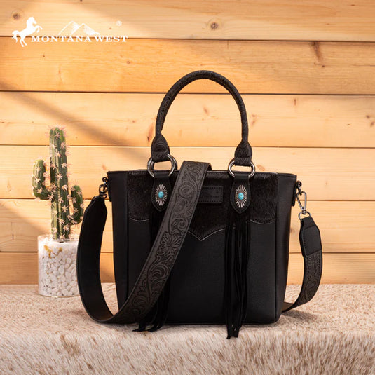 MW1358G-8120BK - Montana West Hair-On Hide Concealed Carry Tote Bag with Tooled Strap