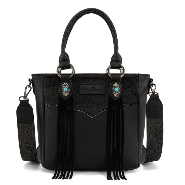 Load image into Gallery viewer, MW1358G-8120BK - Montana West Hair-On Hide Concealed Carry Tote Bag with Tooled Strap
