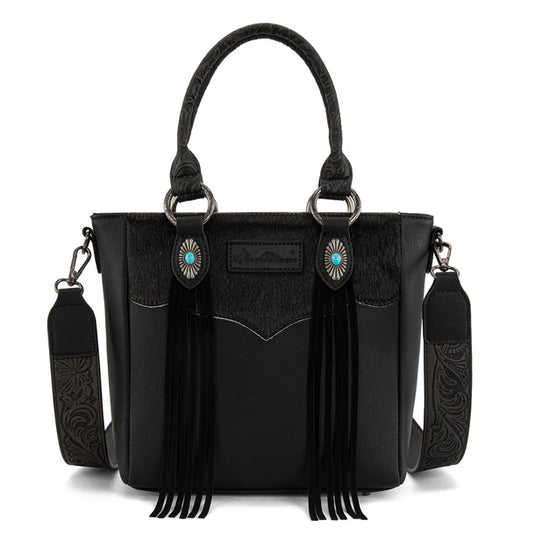 MW1358G-8120BK - Montana West Hair-On Hide Concealed Carry Tote Bag with Tooled Strap