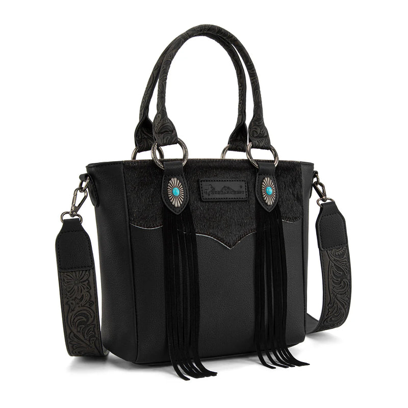 Load image into Gallery viewer, MW1358G-8120BK - Montana West Hair-On Hide Concealed Carry Tote Bag with Tooled Strap
