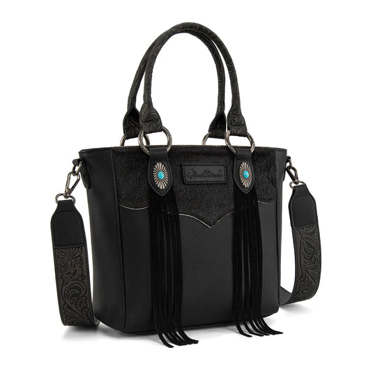 MW1358G-8120BK - Montana West Hair-On Hide Concealed Carry Tote Bag with Tooled Strap