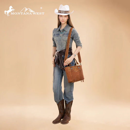 MW1358G-8120BR - Montana West Hair-On Hide Concealed Carry Tote Bag with Tooled Strap