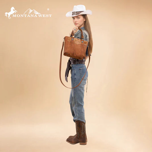 MW1358G-8120BR - Montana West Hair-On Hide Concealed Carry Tote Bag with Tooled Strap