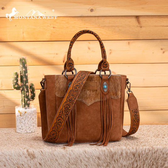MW1358G-8120BR - Montana West Hair-On Hide Concealed Carry Tote Bag with Tooled Strap
