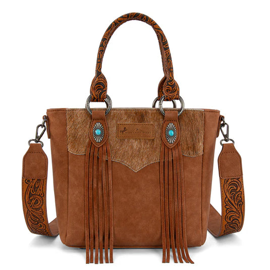 MW1358G-8120BR - Montana West Hair-On Hide Concealed Carry Tote Bag with Tooled Strap