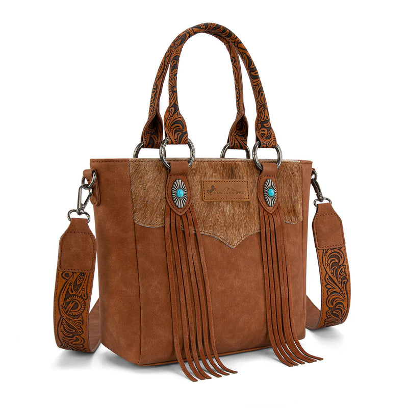 Load image into Gallery viewer, MW1358G-8120BR - Montana West Hair-On Hide Concealed Carry Tote Bag with Tooled Strap
