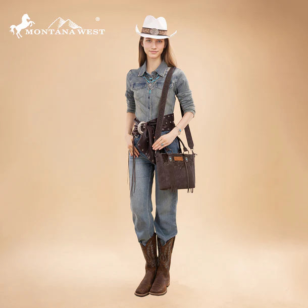 Load image into Gallery viewer, MW1358G-8120CF - Montana West Hair-On Hide Concealed Carry Tote Bag with Tooled Strap
