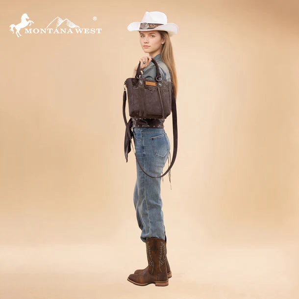 Load image into Gallery viewer, MW1358G-8120CF - Montana West Hair-On Hide Concealed Carry Tote Bag with Tooled Strap
