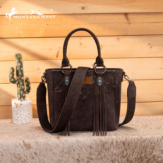 MW1358G-8120CF - Montana West Hair-On Hide Concealed Carry Tote Bag with Tooled Strap