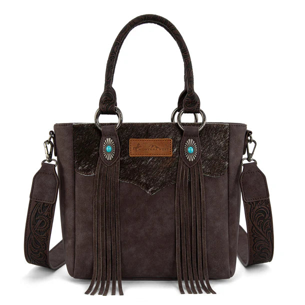 Load image into Gallery viewer, MW1358G-8120CF - Montana West Hair-On Hide Concealed Carry Tote Bag with Tooled Strap

