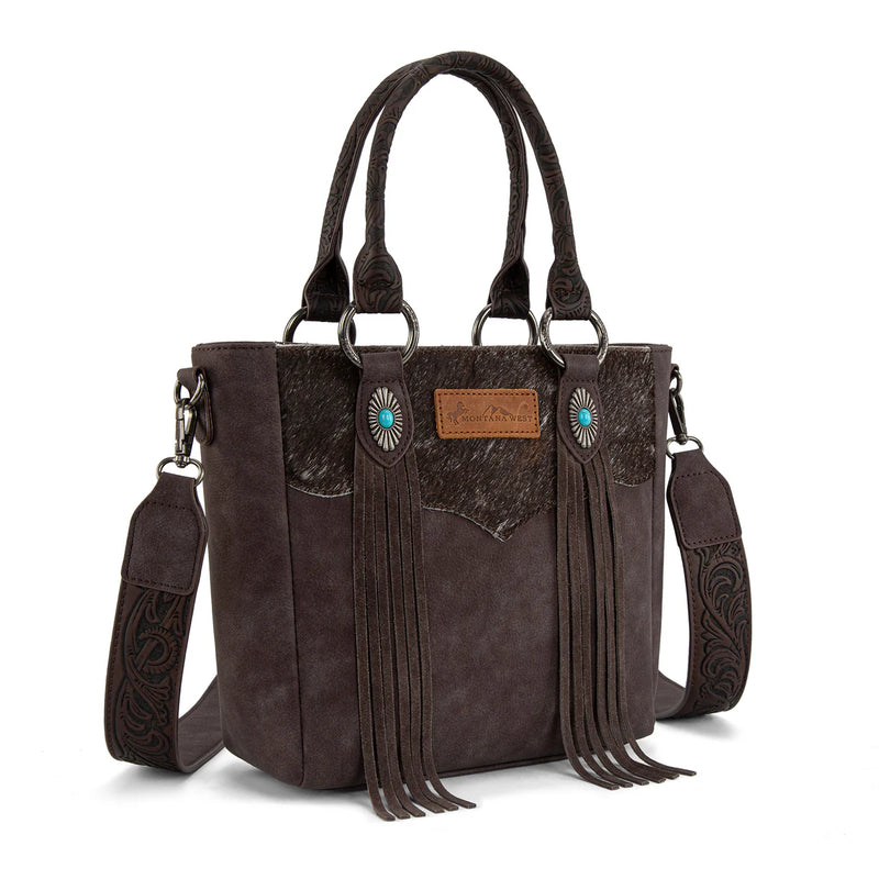 Load image into Gallery viewer, MW1358G-8120CF - Montana West Hair-On Hide Concealed Carry Tote Bag with Tooled Strap
