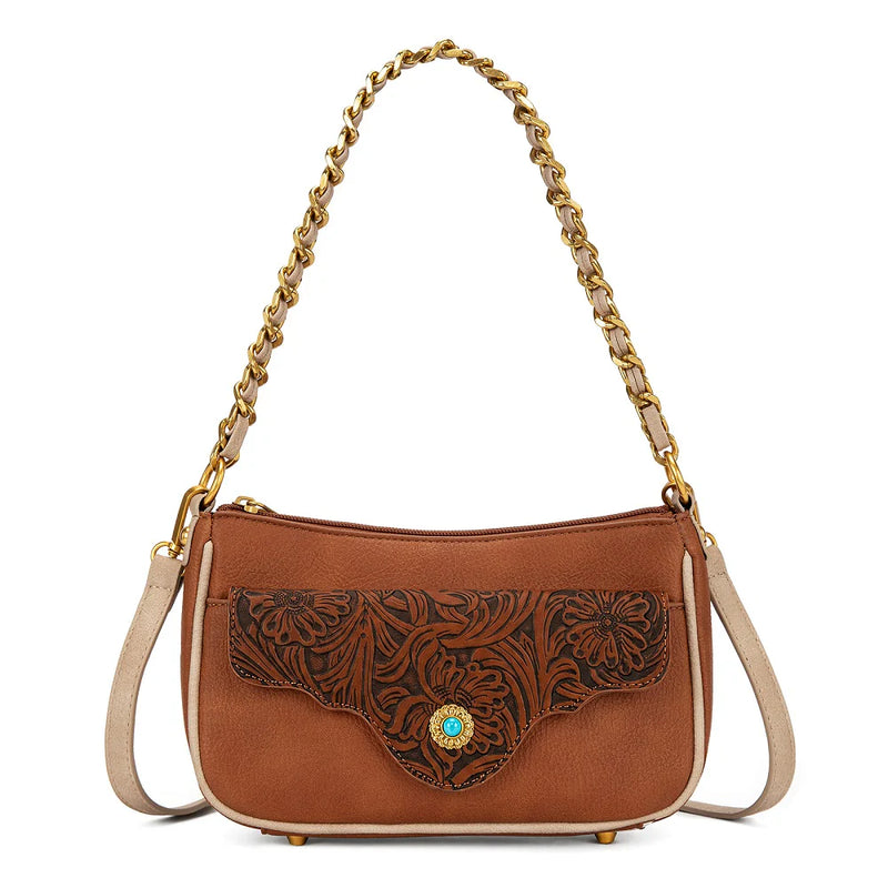 Load image into Gallery viewer, MW1362-818BR - Montana West Tooled Floral Chain Shoulder Crossbody Bag - Brown

