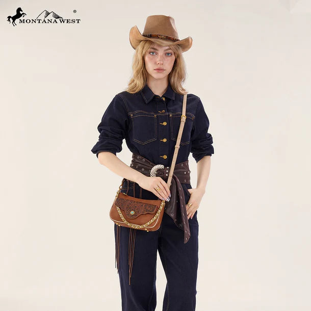 Load image into Gallery viewer, MW1362-818BR - Montana West Tooled Floral Chain Shoulder Crossbody Bag - Brown
