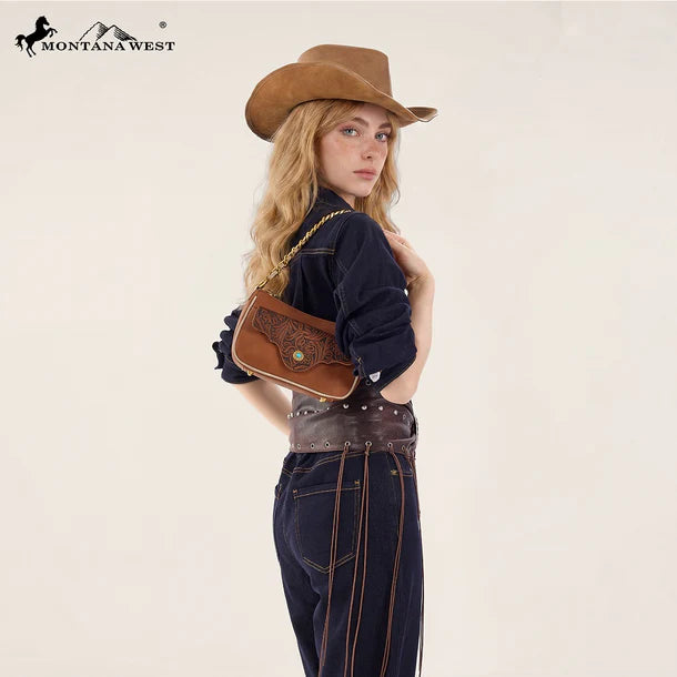 Load image into Gallery viewer, MW1362-818BR - Montana West Tooled Floral Chain Shoulder Crossbody Bag - Brown
