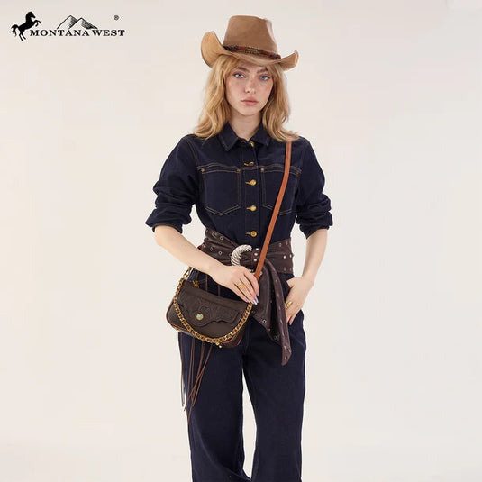 MW1362-818CF - Montana West Tooled Floral Chain Shoulder Crossbody Bag - Coffee