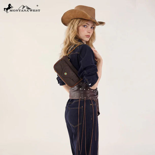 MW1362-818CF - Montana West Tooled Floral Chain Shoulder Crossbody Bag - Coffee