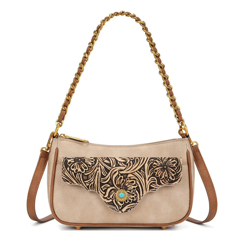 Load image into Gallery viewer, MW1362-818TN - Montana West Tooled Floral Chain Shoulder Crossbody Bag - Tan
