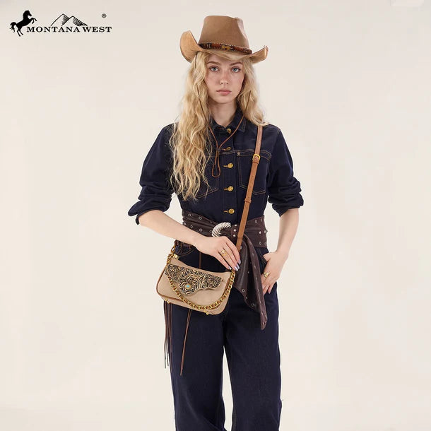 Load image into Gallery viewer, MW1362-818TN - Montana West Tooled Floral Chain Shoulder Crossbody Bag - Tan
