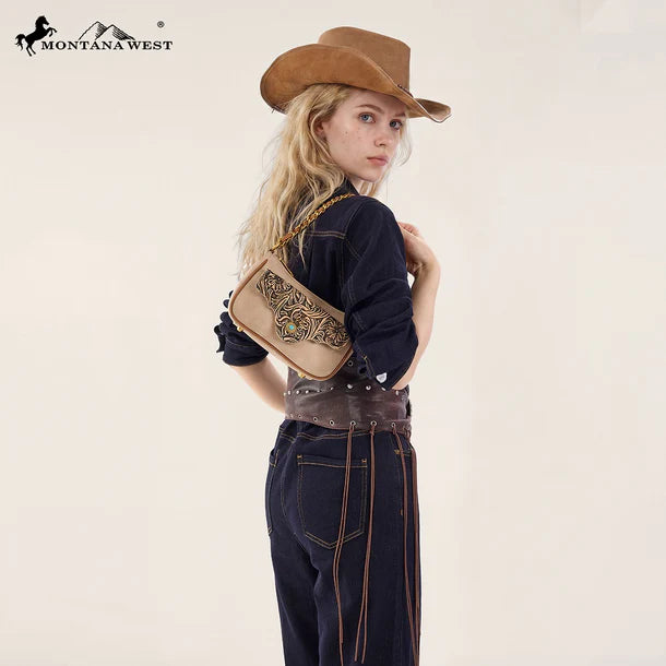 Load image into Gallery viewer, MW1362-818TN - Montana West Tooled Floral Chain Shoulder Crossbody Bag - Tan
