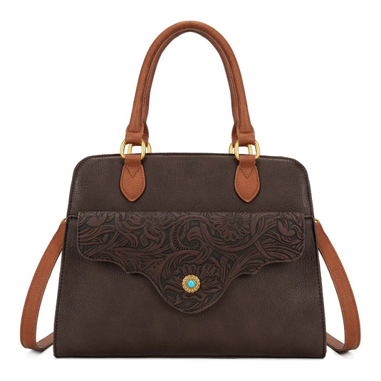 MW1362G-8250CF - Montana West Tooled Floral Concealed Carry Crossbody - Coffee