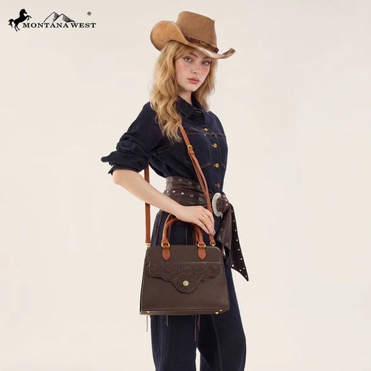 MW1362G-8250CF - Montana West Tooled Floral Concealed Carry Crossbody - Coffee