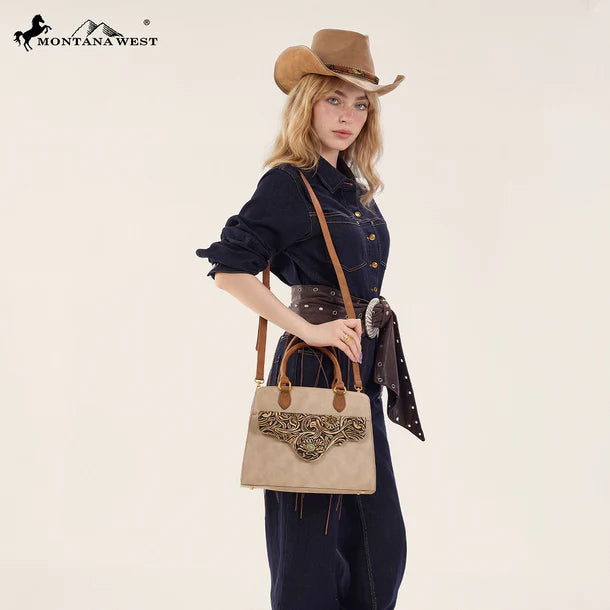 Load image into Gallery viewer, MW1362G-8250TN - Montana West Tooled Floral Concealed Carry Crossbody - Tan
