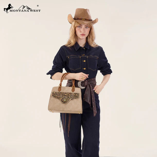 Load image into Gallery viewer, MW1362G-8250TN - Montana West Tooled Floral Concealed Carry Crossbody - Tan
