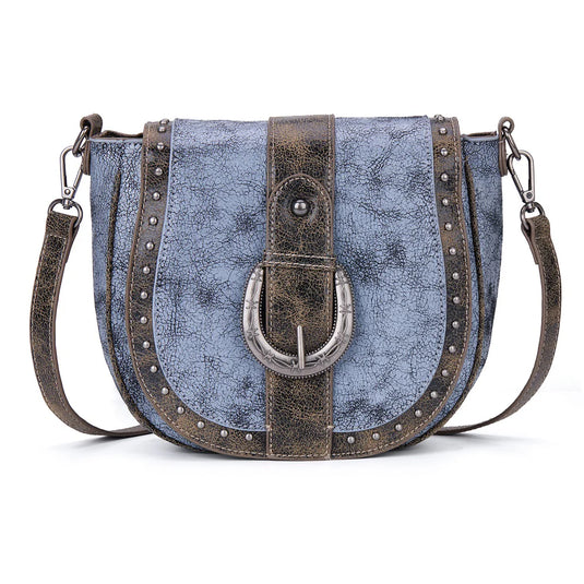 MW1364-8360BK - Montana West Western Buckle Studded Saddle Crossbody Bag - Black