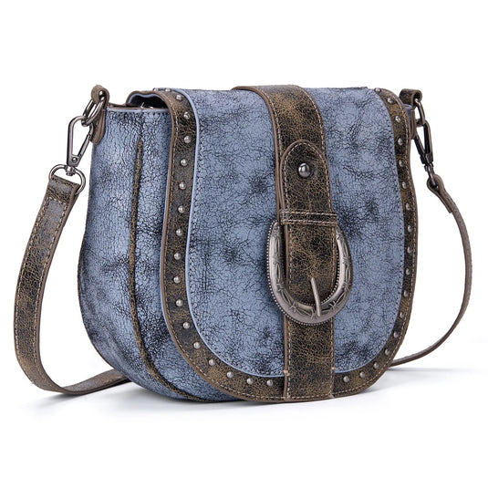 MW1364-8360BK - Montana West Western Buckle Studded Saddle Crossbody Bag - Black