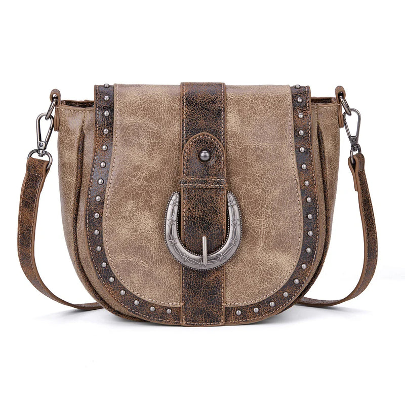 Load image into Gallery viewer, MW1364-8360CF - Montana West Western Buckle Studded Saddle Crossbody Bag - Coffee
