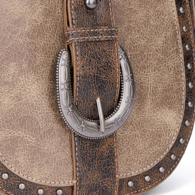 Load image into Gallery viewer, MW1364-8360CF - Montana West Western Buckle Studded Saddle Crossbody Bag - Coffee
